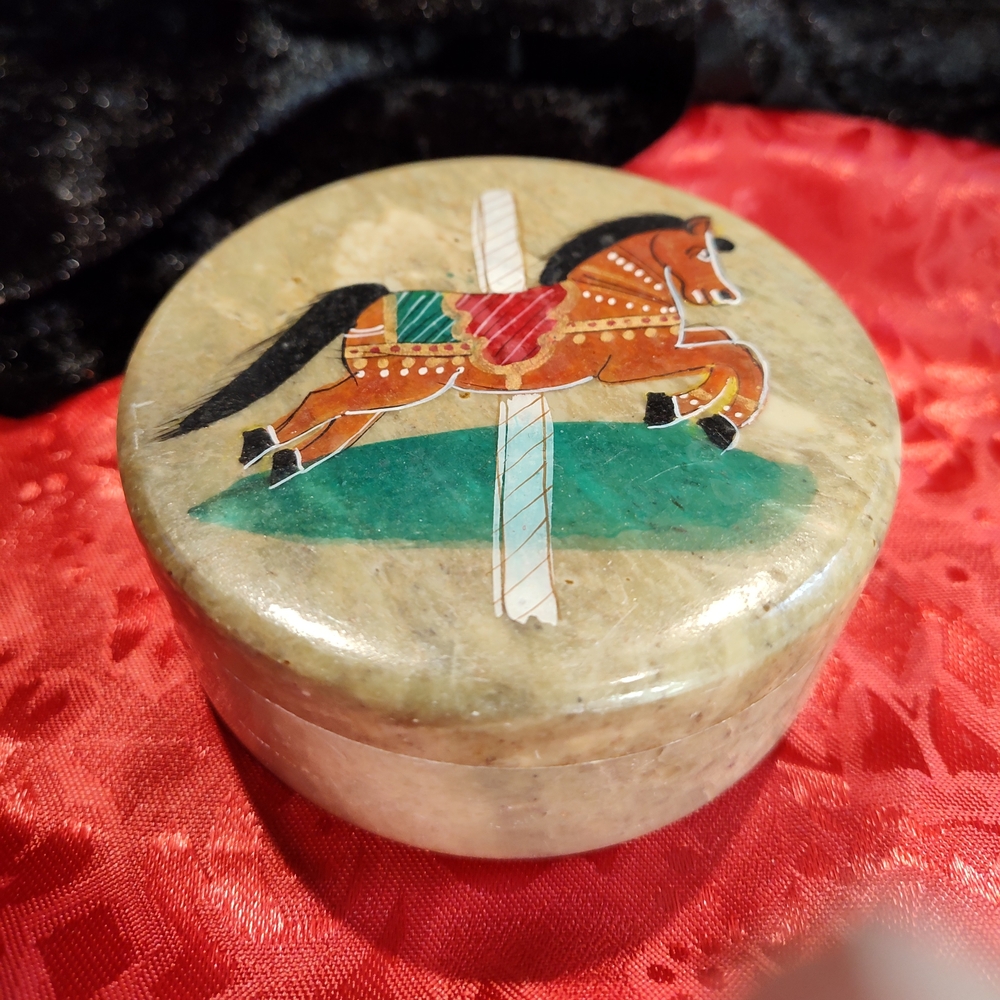Final $ Greean Carved Stone Trinket Box With Painted Carousel Horse On Lid